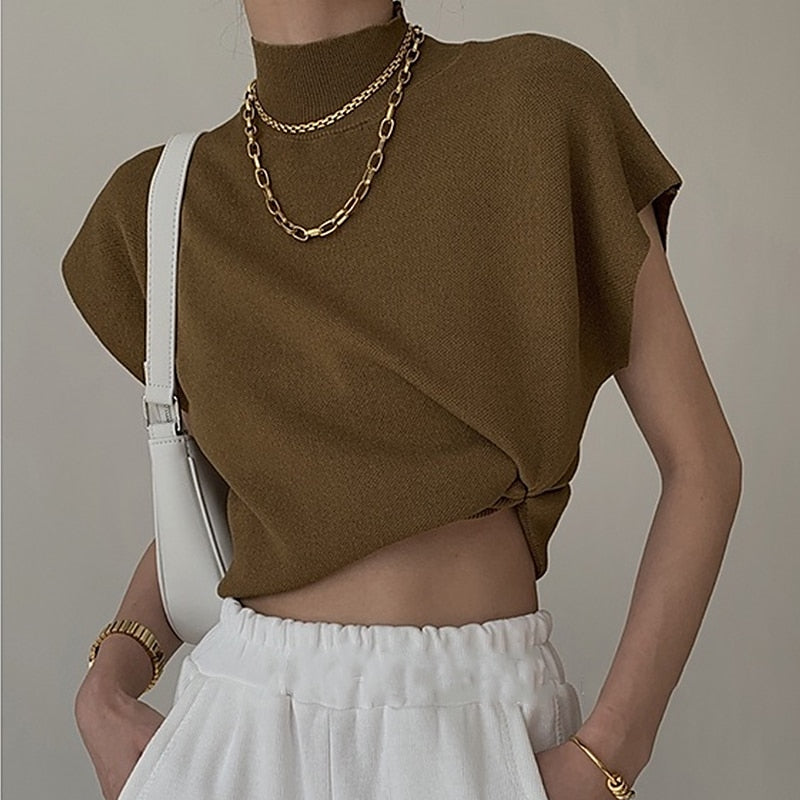Knitted Mock Neck Short Sleeve Top